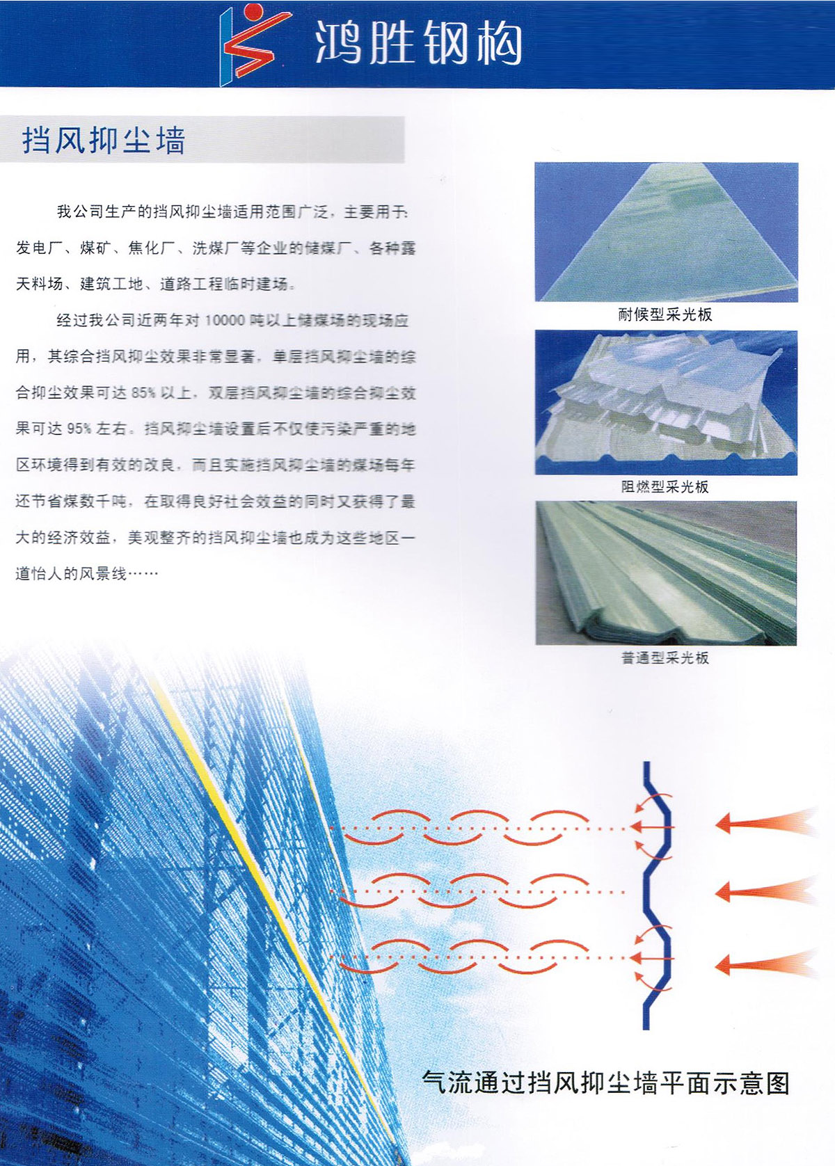 我公司生产的挡风抑尘墙适用范围广泛，主要用于 发电厂、煤矿、焦化厂、洗煤厂等企业的储煤厂、各种露天料场、建筑工地、道路工程临时建场。