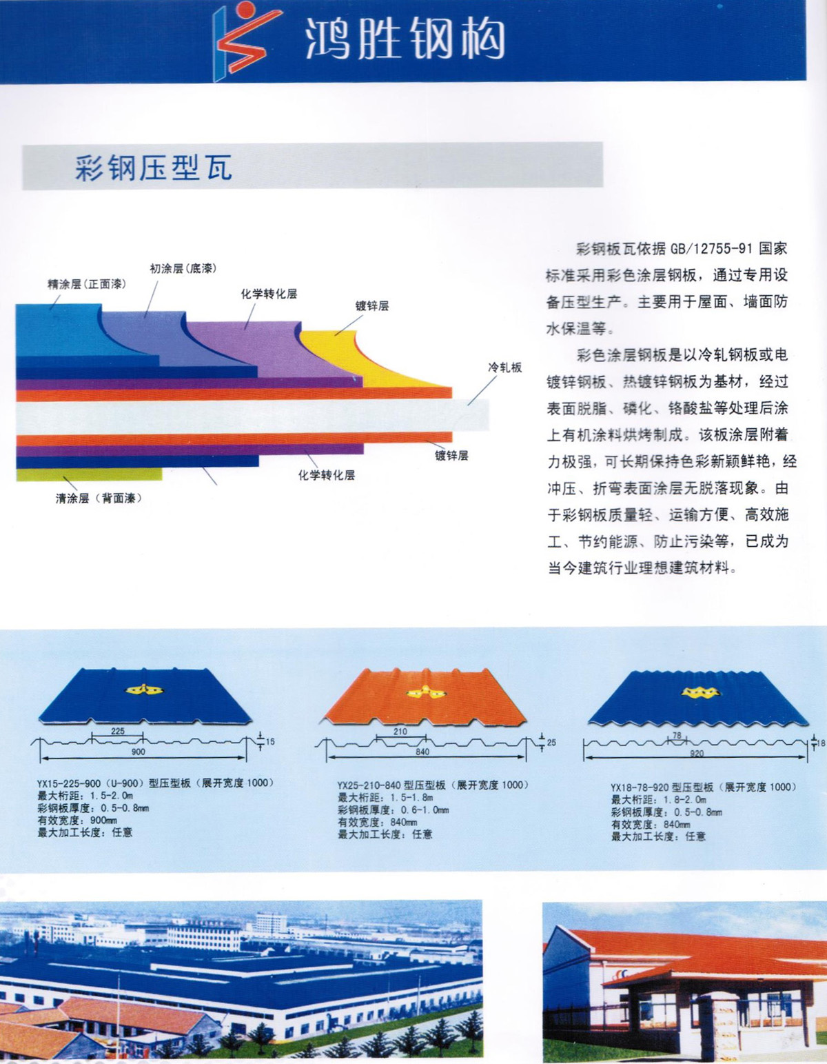 彩钢板瓦依据 GB/12755-91 国家标准采用彩色涂层钢板，通过专用设备压型生产。主要用于屋面、墙面防水保温等。 彩色涂层钢板是以冷轧钢板或电镀锌钢板、热镀锌钢板为基材，经过表面脱脂、磷化、铬酸盐等处理后涂上有机涂料烘烤制成。该板涂层附着力极强，可长期保持色彩新颖鲜艳，经冲压、折弯表面涂层无脱落现象。由于彩钢板质量轻、运输方便、高效施工、节约能源、防止污染等，已成为当今建筑行业理想建筑材料。
